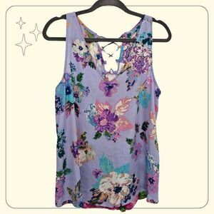 Fairy Feminine Cottage Lilac Floral Sheer Chiffon Tank Lace Back Everly Size L